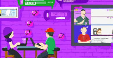 una ilustracion vectorial sobre como agregar un sistema de chat en vivo en tu sitio web de eventos en event espresso en escala de lilas y colores tecnologicos pero predominando siempre el color hexad