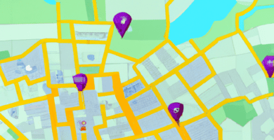una ilustracion vectorial sobre como agregar un sistema de integracion con google maps en tu sitio web de crowdfunding en wp crowdfunding en escala de lilas y colores tecnologicos pero predominando s